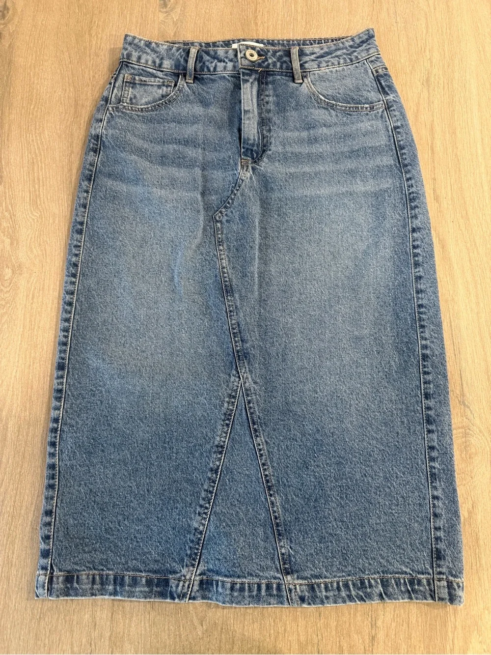 EVERY Denim Midi Maxi Skirt Front Slit Medium Wash Stretch Size 8